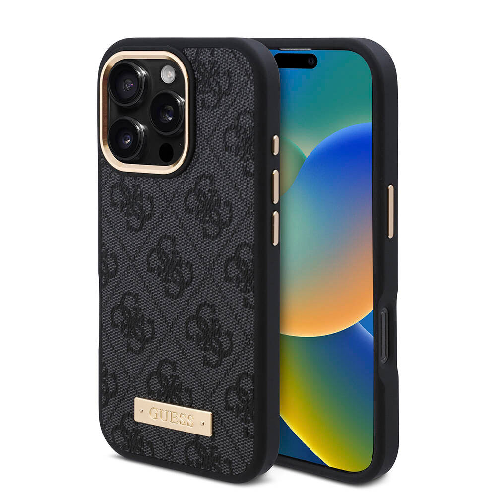 iPhone 16 Pro Max Kılıf Guess Orjinal Lisanslı M-safe Şarj Özellikli 4G Desenli PU Metal Plaka Klasik Logolu Kapak