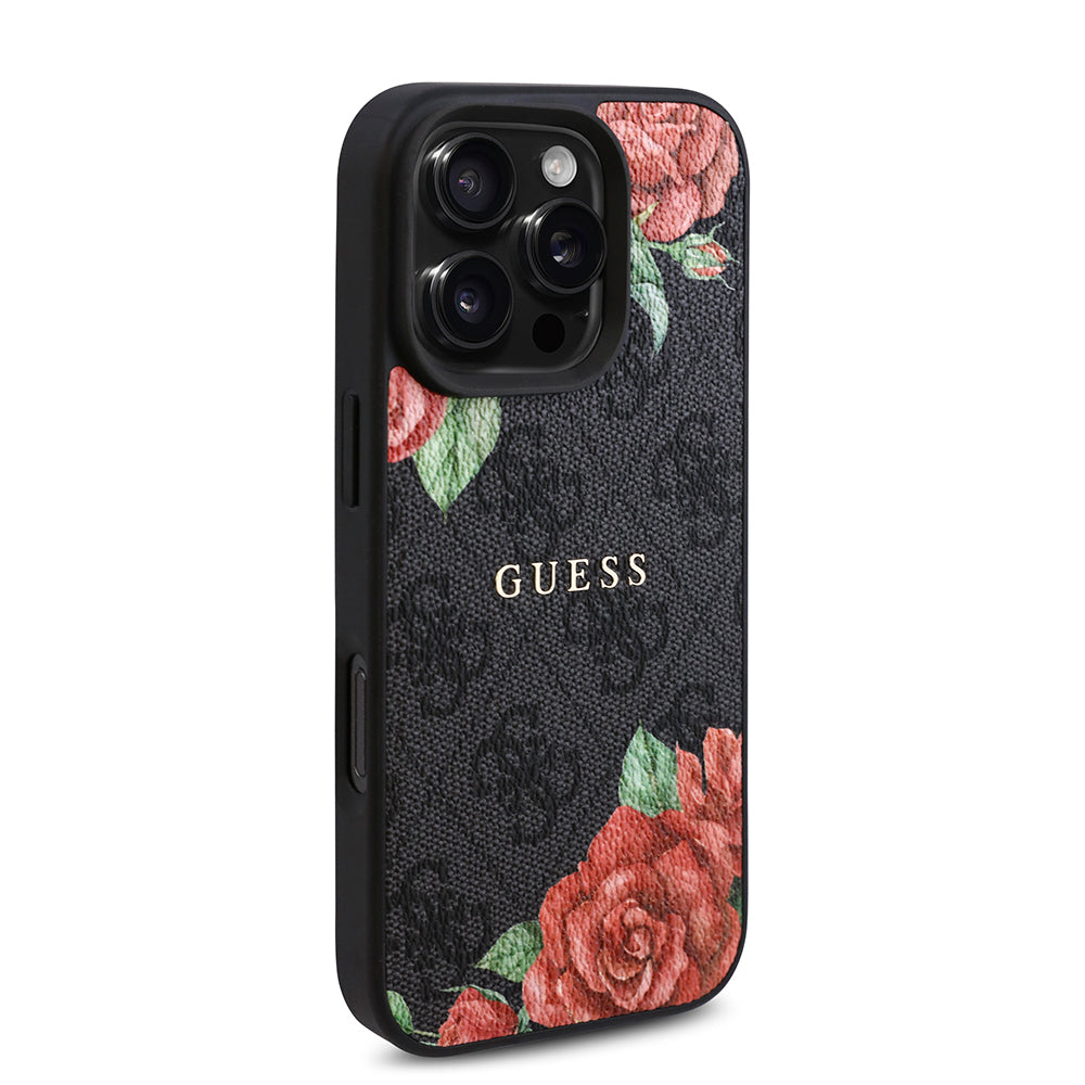 iPhone 16 Pro Max Kılıf Guess Orjinal Lisanslı M-safe Şarj Özellikli Gül Baskılı 4G Desenli Yazı Logolu Kapak