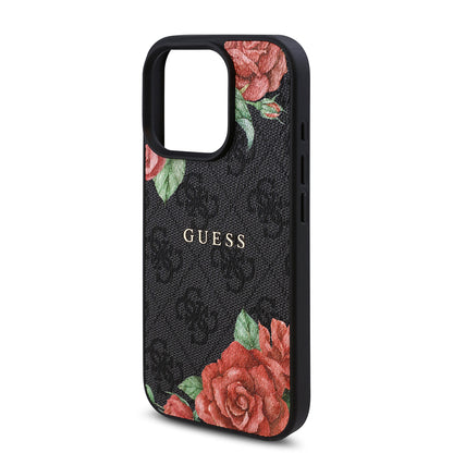 iPhone 16 Pro Max Kılıf Guess Orjinal Lisanslı M-safe Şarj Özellikli Gül Baskılı 4G Desenli Yazı Logolu Kapak