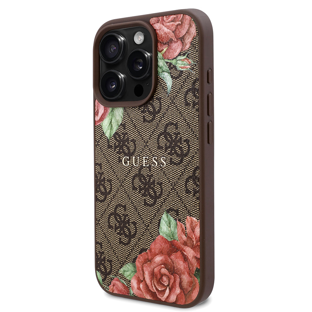 iPhone 16 Pro Max Kılıf Guess Orjinal Lisanslı M-safe Şarj Özellikli Gül Baskılı 4G Desenli Yazı Logolu Kapak