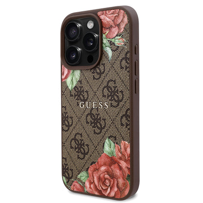 iPhone 16 Pro Max Kılıf Guess Orjinal Lisanslı M-safe Şarj Özellikli Gül Baskılı 4G Desenli Yazı Logolu Kapak