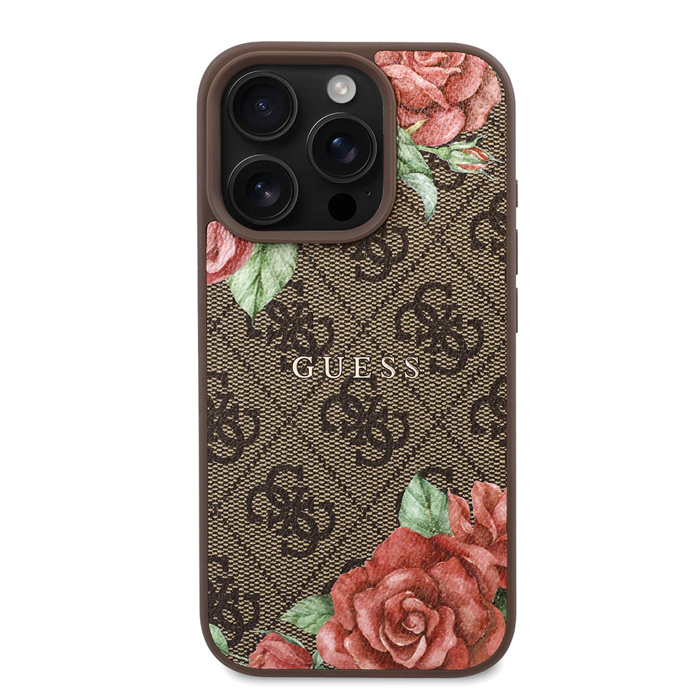 iPhone 16 Pro Max Kılıf Guess Orjinal Lisanslı M-safe Şarj Özellikli Gül Baskılı 4G Desenli Yazı Logolu Kapak