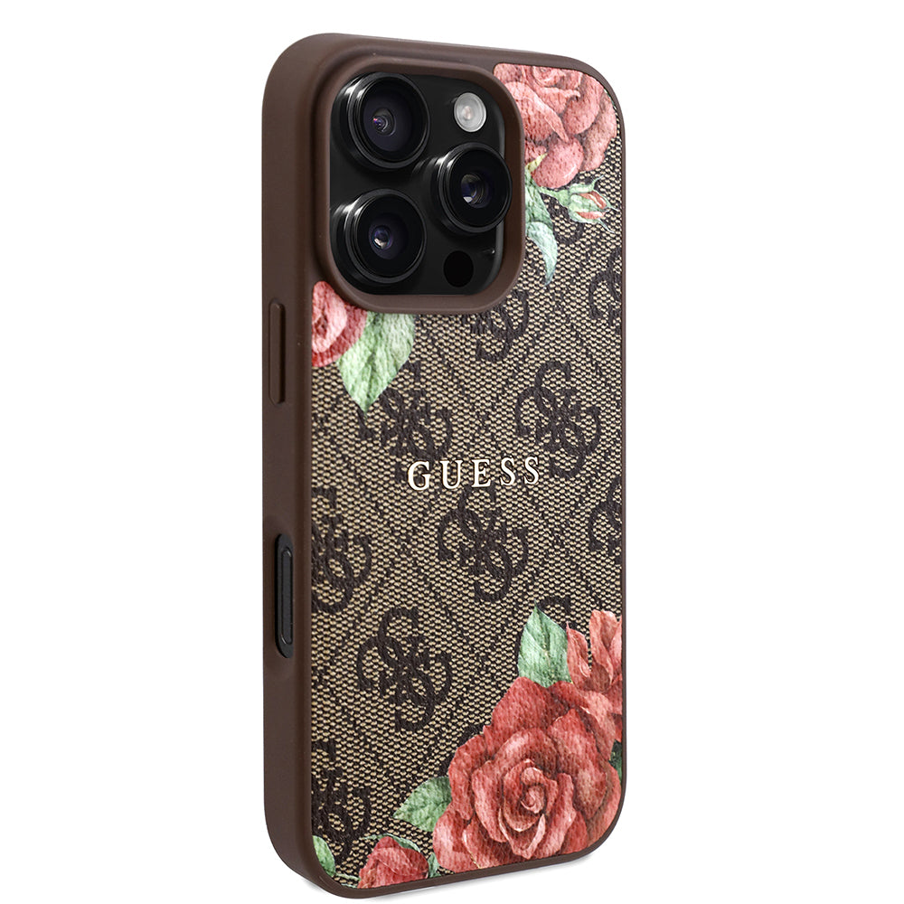 iPhone 16 Pro Max Kılıf Guess Orjinal Lisanslı M-safe Şarj Özellikli Gül Baskılı 4G Desenli Yazı Logolu Kapak