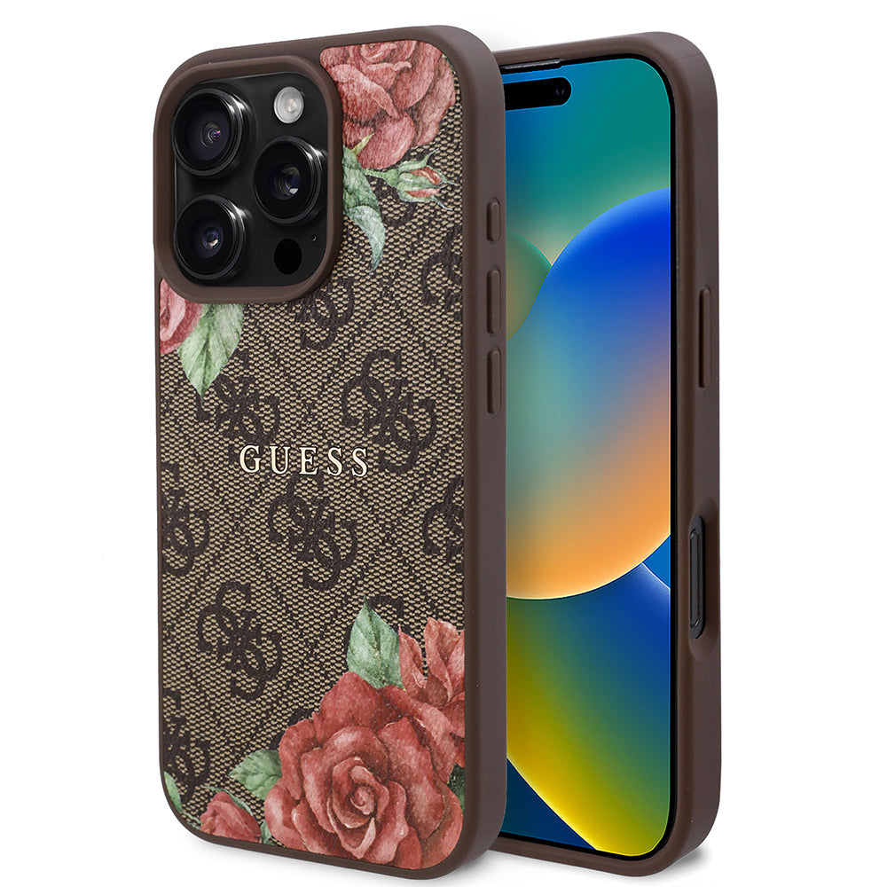 iPhone 16 Pro Max Kılıf Guess Orjinal Lisanslı M-safe Şarj Özellikli Gül Baskılı 4G Desenli Yazı Logolu Kapak