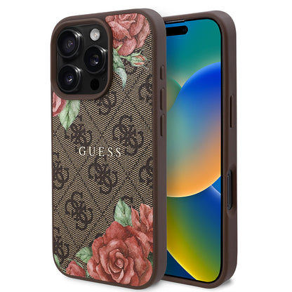 iPhone 16 Pro Max Kılıf Guess Orjinal Lisanslı M-safe Şarj Özellikli Gül Baskılı 4G Desenli Yazı Logolu Kapak
