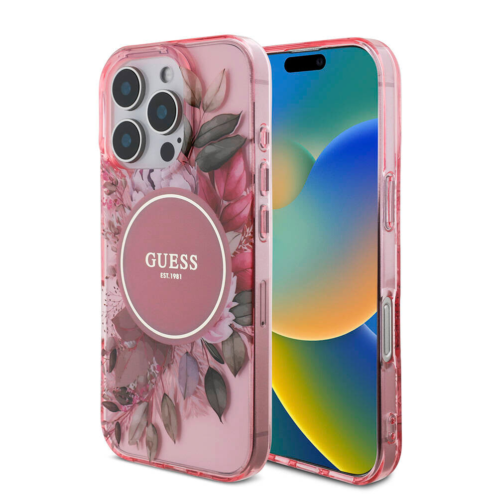 iPhone 16 Pro Max Kılıf Guess Orjinal Lisanslı M-safe Şarj Özellikli IML Baskılı Çiçek İnci Bileklikli Kapak