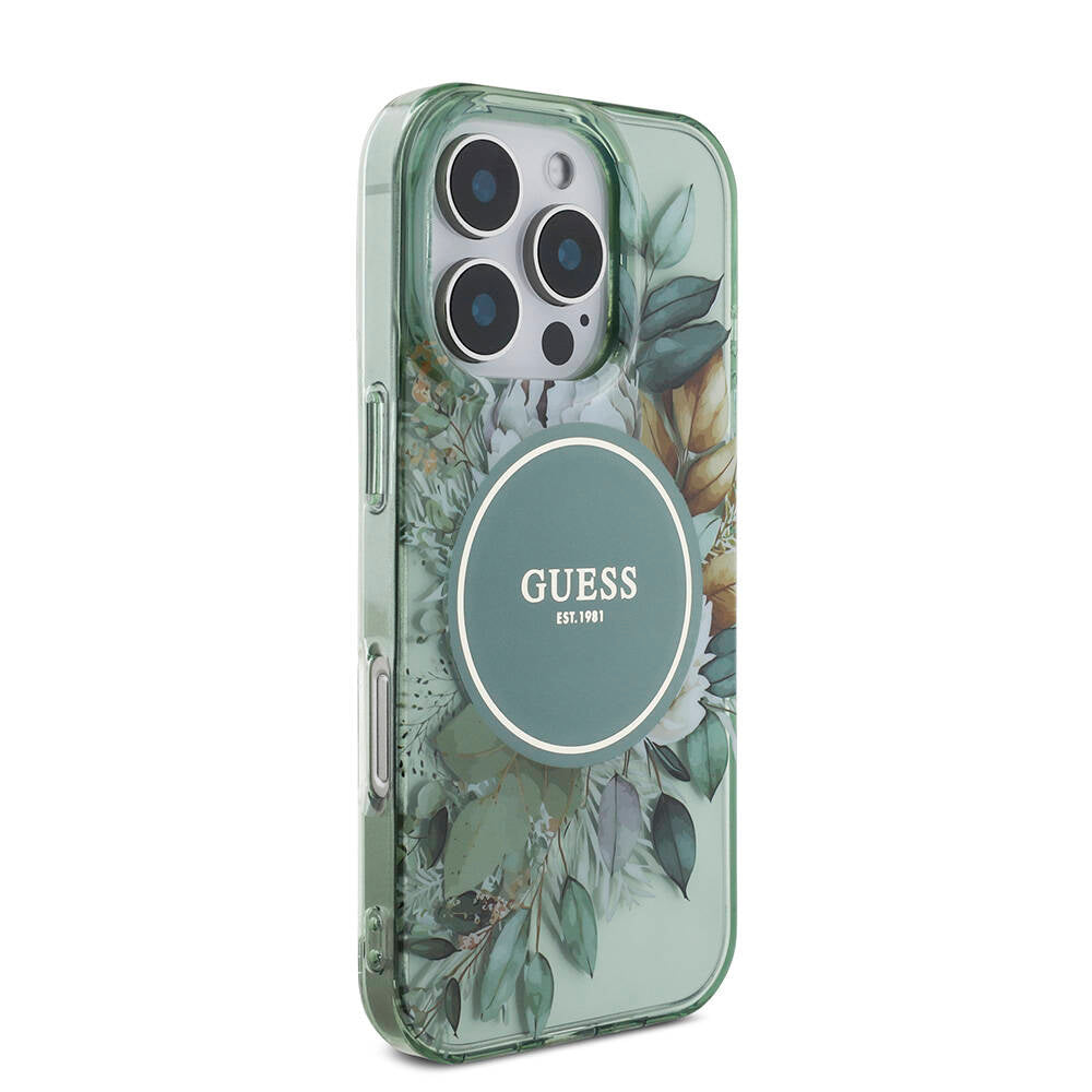 iPhone 16 Pro Max Kılıf Guess Orjinal Lisanslı M-safe Şarj Özellikli IML Baskılı Çiçek İnci Bileklikli Kapak