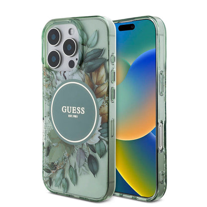 iPhone 16 Pro Max Kılıf Guess Orjinal Lisanslı M-safe Şarj Özellikli IML Baskılı Çiçek İnci Bileklikli Kapak