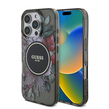 iPhone 16 Pro Max Kılıf Guess Orjinal Lisanslı M-safe Şarj Özellikli IML Baskılı Çiçek İnci Bileklikli Kapak