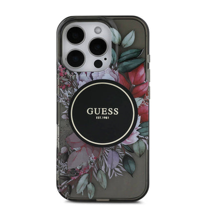 iPhone 16 Pro Max Kılıf Guess Orjinal Lisanslı M-safe Şarj Özellikli IML Baskılı Çiçek İnci Bileklikli Kapak