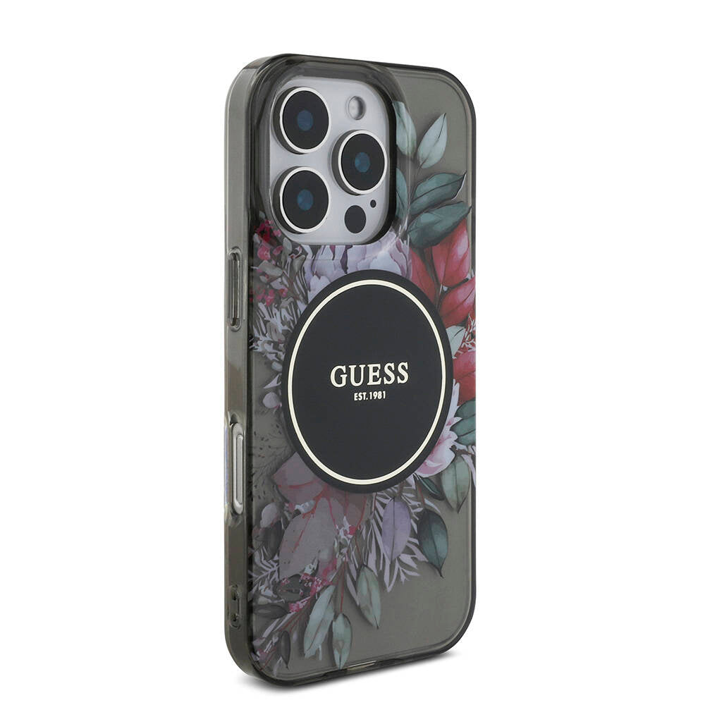 iPhone 16 Pro Max Kılıf Guess Orjinal Lisanslı M-safe Şarj Özellikli IML Baskılı Çiçek İnci Bileklikli Kapak