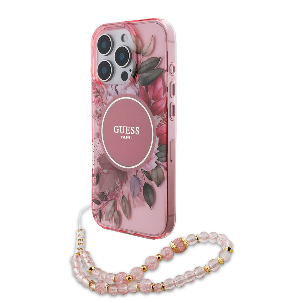 iPhone 16 Pro Max Kılıf Guess Orjinal Lisanslı M-safe Şarj Özellikli IML Baskılı Çiçek İnci Bileklikli Kapak