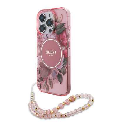 iPhone 16 Pro Max Kılıf Guess Orjinal Lisanslı M-safe Şarj Özellikli IML Baskılı Çiçek İnci Bileklikli Kapak