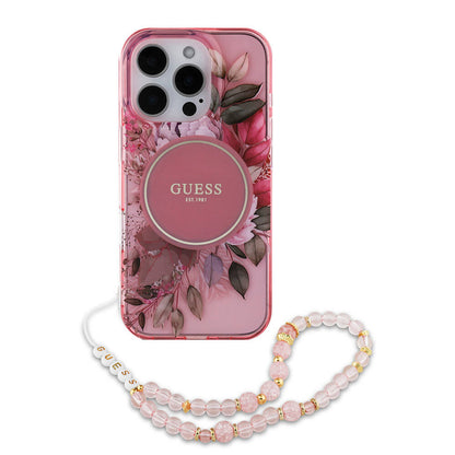 iPhone 16 Pro Max Kılıf Guess Orjinal Lisanslı M-safe Şarj Özellikli IML Baskılı Çiçek İnci Bileklikli Kapak