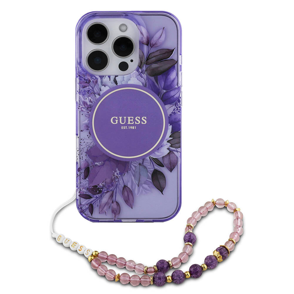 iPhone 16 Pro Max Kılıf Guess Orjinal Lisanslı M-safe Şarj Özellikli IML Baskılı Çiçek İnci Bileklikli Kapak