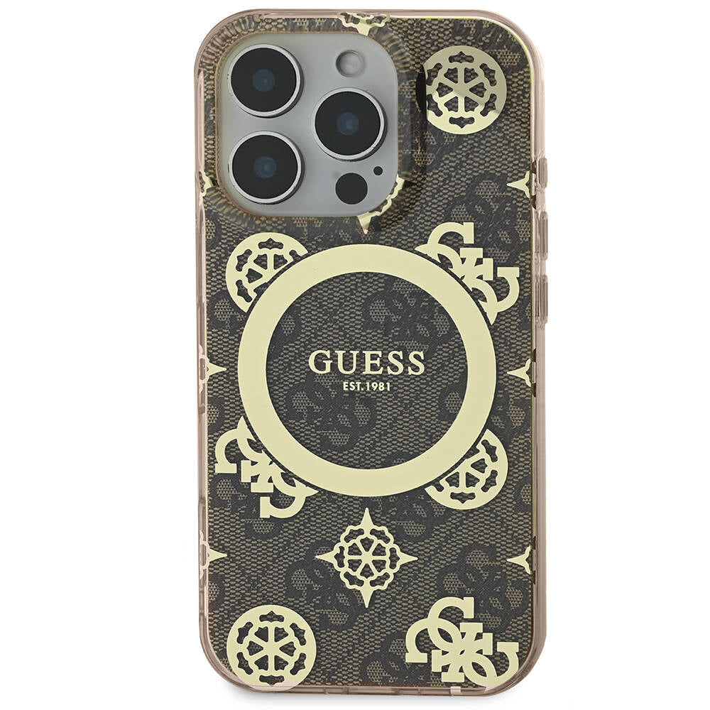 iPhone 16 Pro Max Kılıf Guess Orjinal Lisanslı M-safe Şarj Özellikli IML Peony ve 4G Desenli Klasik Logolu Kapak