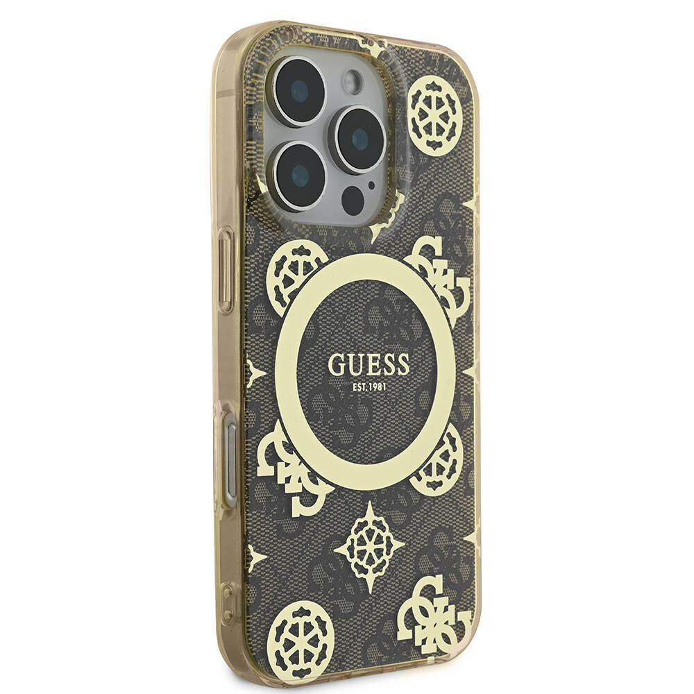 iPhone 16 Pro Max Kılıf Guess Orjinal Lisanslı M-safe Şarj Özellikli IML Peony ve 4G Desenli Klasik Logolu Kapak