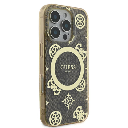 iPhone 16 Pro Max Kılıf Guess Orjinal Lisanslı M-safe Şarj Özellikli IML Peony ve 4G Desenli Klasik Logolu Kapak