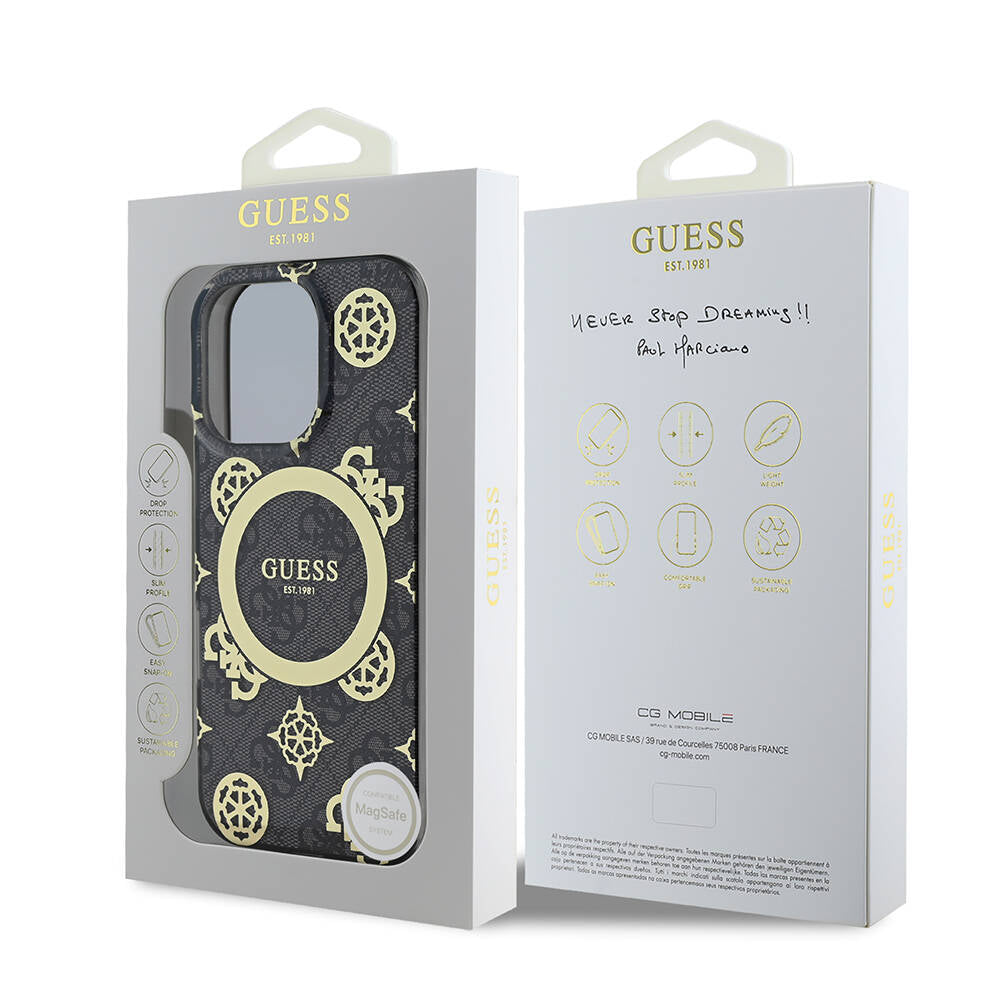 iPhone 16 Pro Max Kılıf Guess Orjinal Lisanslı M-safe Şarj Özellikli IML Peony ve 4G Desenli Klasik Logolu Kapak