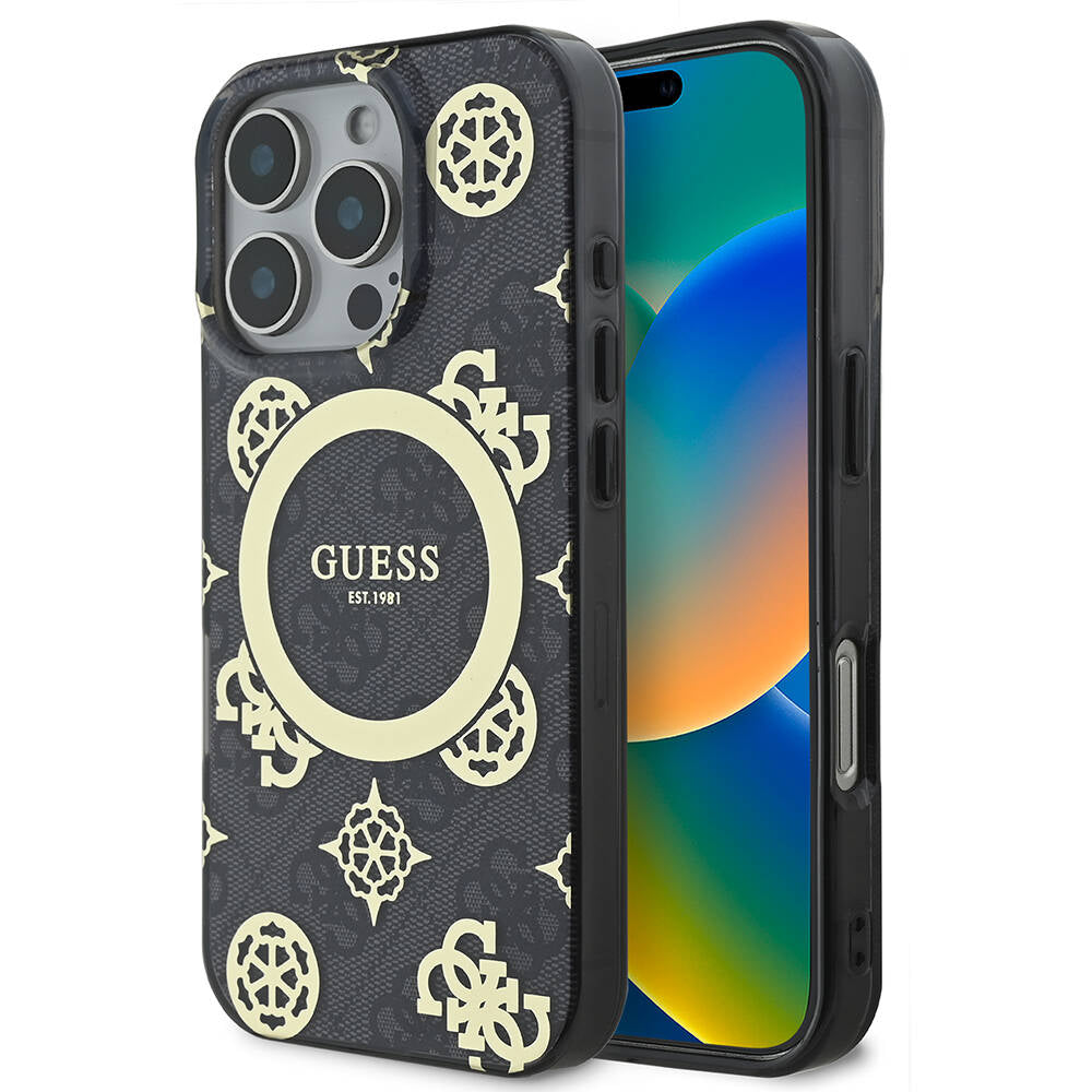 iPhone 16 Pro Max Kılıf Guess Orjinal Lisanslı M-safe Şarj Özellikli IML Peony ve 4G Desenli Klasik Logolu Kapak