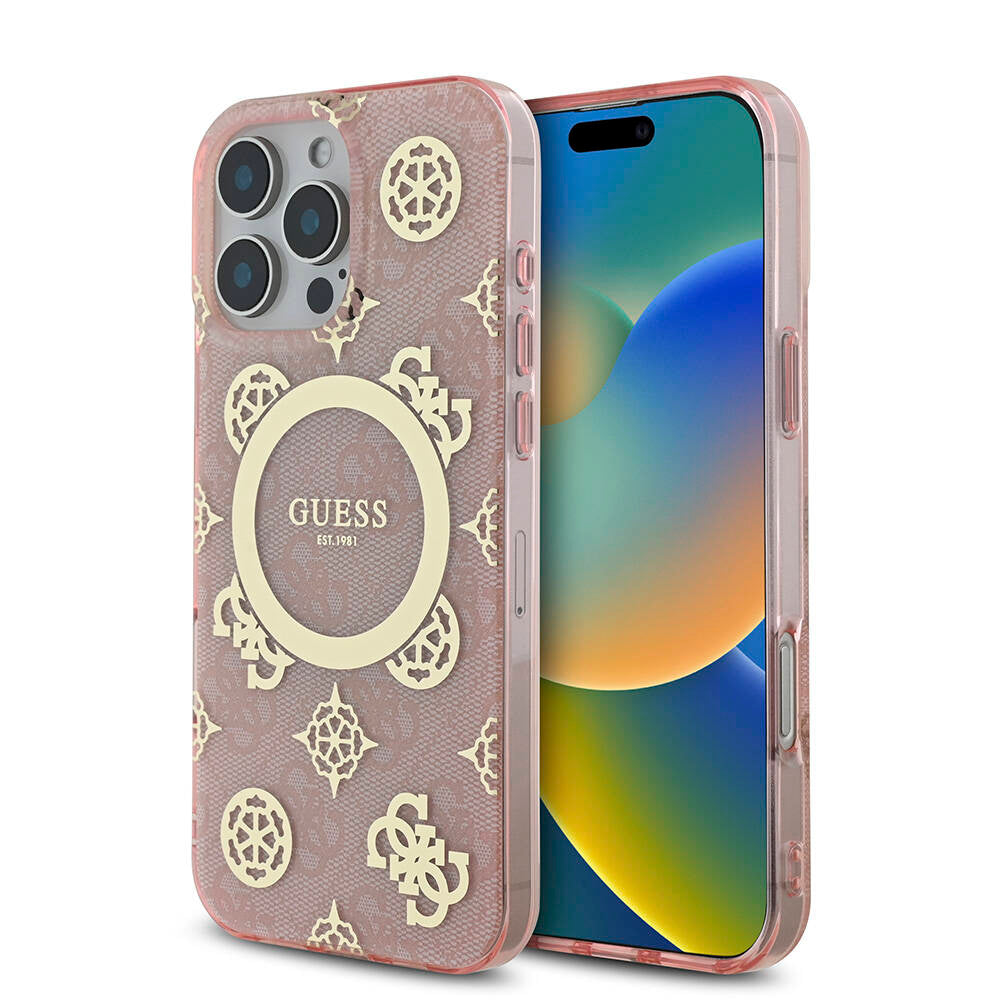 iPhone 16 Pro Max Kılıf Guess Orjinal Lisanslı M-safe Şarj Özellikli IML Peony ve 4G Desenli Klasik Logolu Kapak