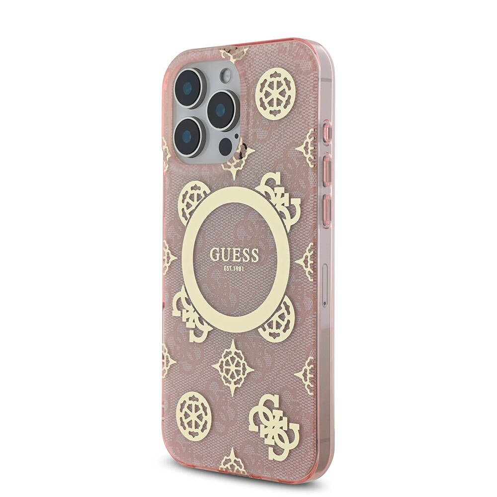 iPhone 16 Pro Max Kılıf Guess Orjinal Lisanslı M-safe Şarj Özellikli IML Peony ve 4G Desenli Klasik Logolu Kapak