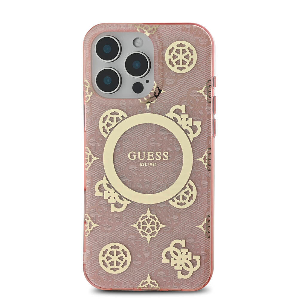 iPhone 16 Pro Max Kılıf Guess Orjinal Lisanslı M-safe Şarj Özellikli IML Peony ve 4G Desenli Klasik Logolu Kapak