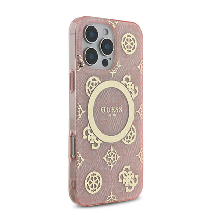 iPhone 16 Pro Max Kılıf Guess Orjinal Lisanslı M-safe Şarj Özellikli IML Peony ve 4G Desenli Klasik Logolu Kapak