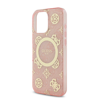 iPhone 16 Pro Max Kılıf Guess Orjinal Lisanslı M-safe Şarj Özellikli IML Peony ve 4G Desenli Klasik Logolu Kapak