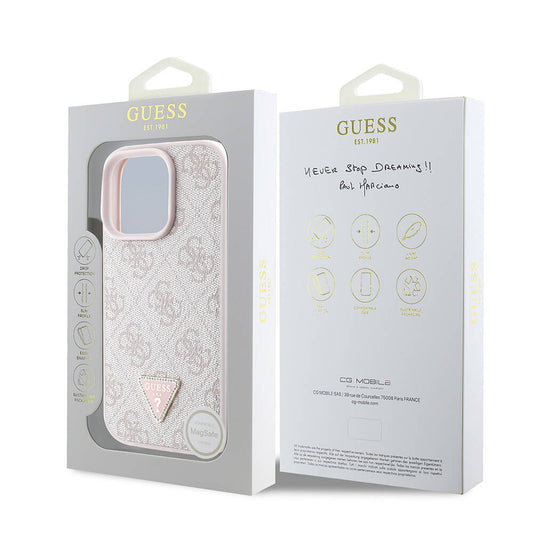 iPhone 16 Pro Max Kılıf Guess Orjinal Lisanslı M-safe Şarj Özellikli PU Deri 4G Desenli Taşlı Üçgen Logolu Kapak