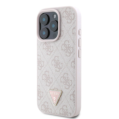 iPhone 16 Pro Max Kılıf Guess Orjinal Lisanslı M-safe Şarj Özellikli PU Deri 4G Desenli Taşlı Üçgen Logolu Kapak