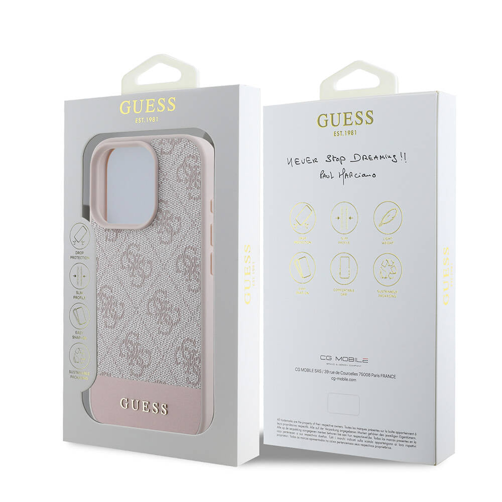 iPhone 16 Pro Max Kılıf Guess Orjinal Lisanslı M-safe Şarj Özellikli PU Deri Şerit Logo Dizaynlı Kapak