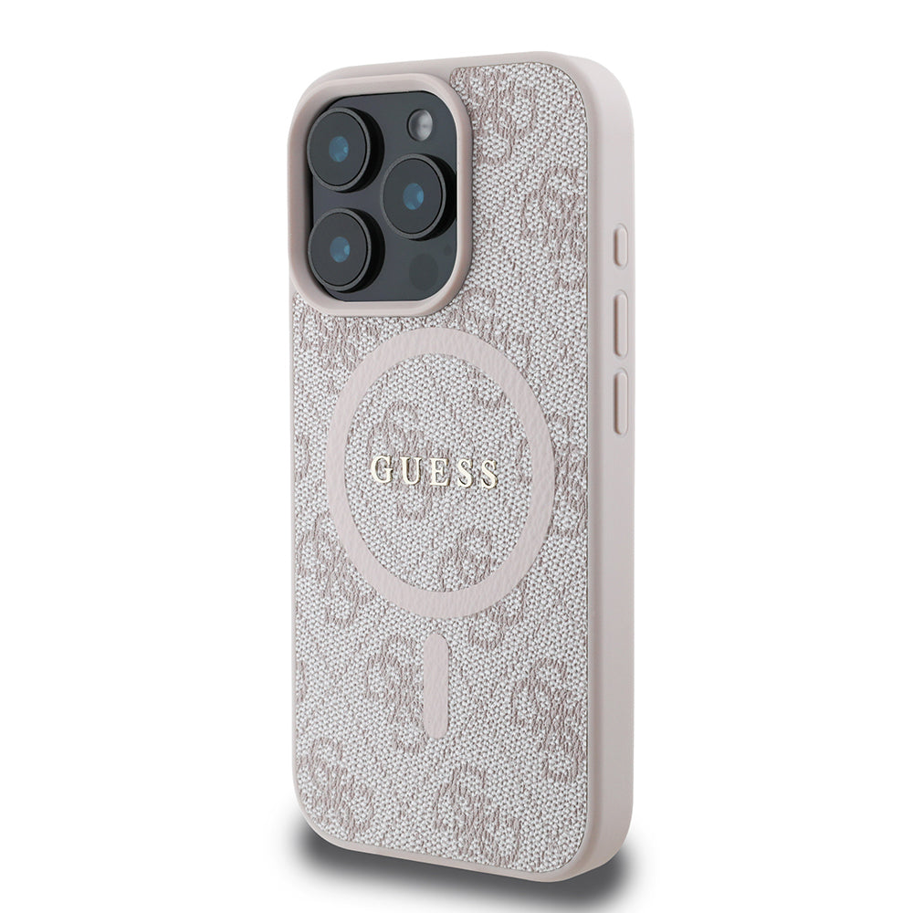 iPhone 16 Pro Max Kılıf Guess Orjinal Lisanslı M-safe Şarj Özellikli PU Halkalı 4G Desenli Yazı Logolu Kapak