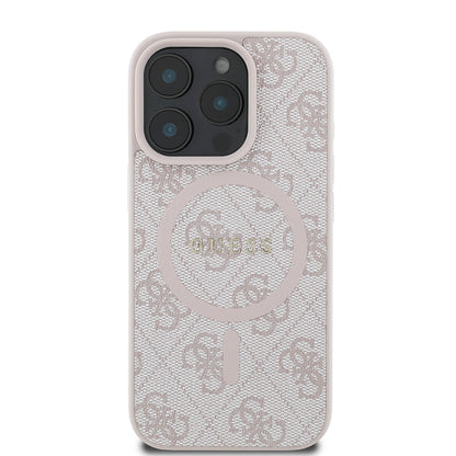 iPhone 16 Pro Max Kılıf Guess Orjinal Lisanslı M-safe Şarj Özellikli PU Halkalı 4G Desenli Yazı Logolu Kapak