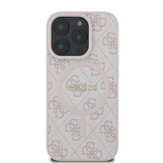 iPhone 16 Pro Max Kılıf Guess Orjinal Lisanslı M-safe Şarj Özellikli PU Halkalı 4G Desenli Yazı Logolu Kapak