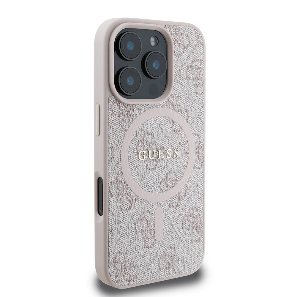 iPhone 16 Pro Max Kılıf Guess Orjinal Lisanslı M-safe Şarj Özellikli PU Halkalı 4G Desenli Yazı Logolu Kapak
