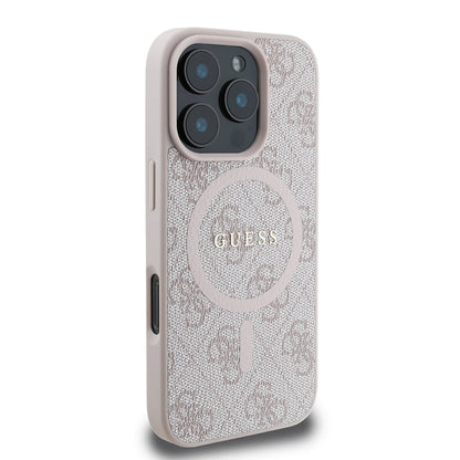 iPhone 16 Pro Max Kılıf Guess Orjinal Lisanslı M-safe Şarj Özellikli PU Halkalı 4G Desenli Yazı Logolu Kapak