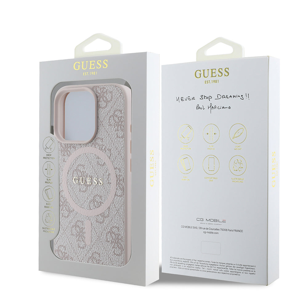 iPhone 16 Pro Max Kılıf Guess Orjinal Lisanslı M-safe Şarj Özellikli PU Halkalı 4G Desenli Yazı Logolu Kapak