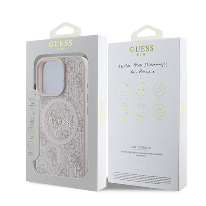 iPhone 16 Pro Max Kılıf Guess Orjinal Lisanslı M-safe Şarj Özellikli PU Halkalı 4G Desenli Yazı Logolu Kapak