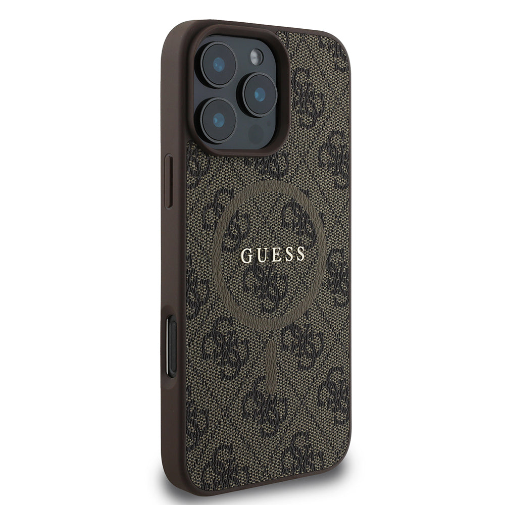 iPhone 16 Pro Max Kılıf Guess Orjinal Lisanslı M-safe Şarj Özellikli PU Halkalı 4G Desenli Yazı Logolu Kapak