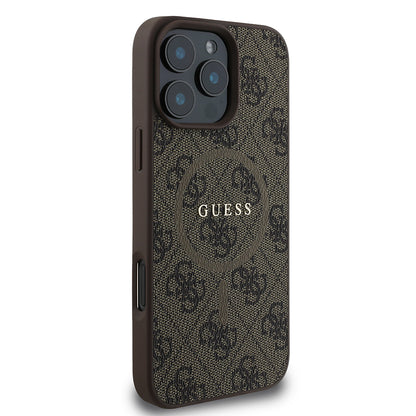iPhone 16 Pro Max Kılıf Guess Orjinal Lisanslı M-safe Şarj Özellikli PU Halkalı 4G Desenli Yazı Logolu Kapak