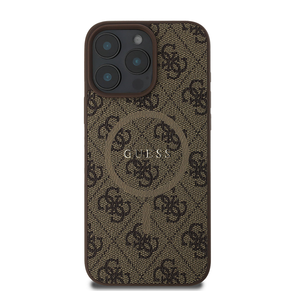 iPhone 16 Pro Max Kılıf Guess Orjinal Lisanslı M-safe Şarj Özellikli PU Halkalı 4G Desenli Yazı Logolu Kapak