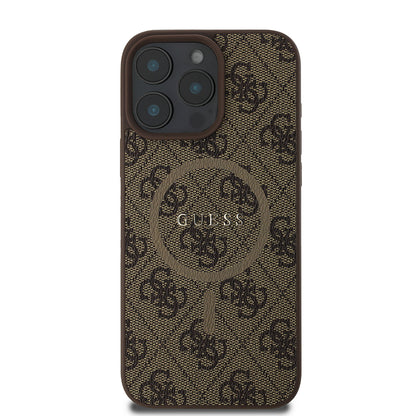 iPhone 16 Pro Max Kılıf Guess Orjinal Lisanslı M-safe Şarj Özellikli PU Halkalı 4G Desenli Yazı Logolu Kapak
