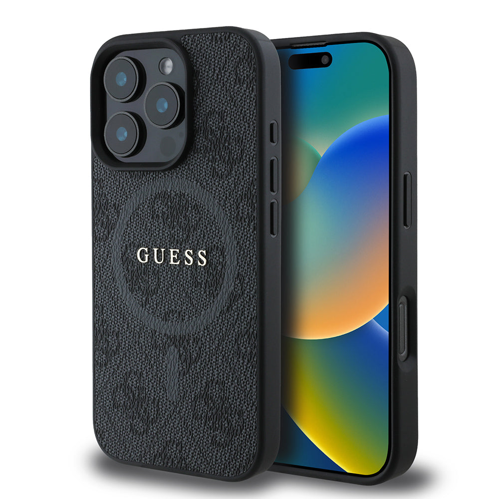 iPhone 16 Pro Max Kılıf Guess Orjinal Lisanslı M-safe Şarj Özellikli PU Halkalı 4G Desenli Yazı Logolu Kapak