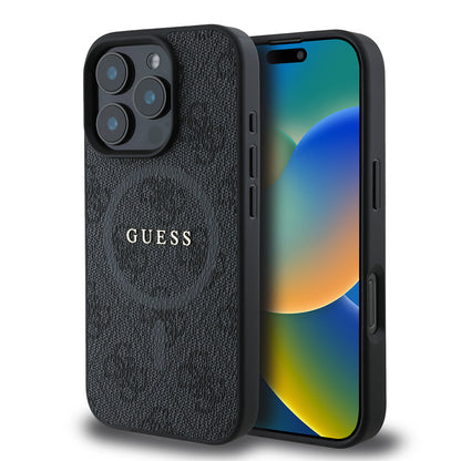 iPhone 16 Pro Max Kılıf Guess Orjinal Lisanslı M-safe Şarj Özellikli PU Halkalı 4G Desenli Yazı Logolu Kapak