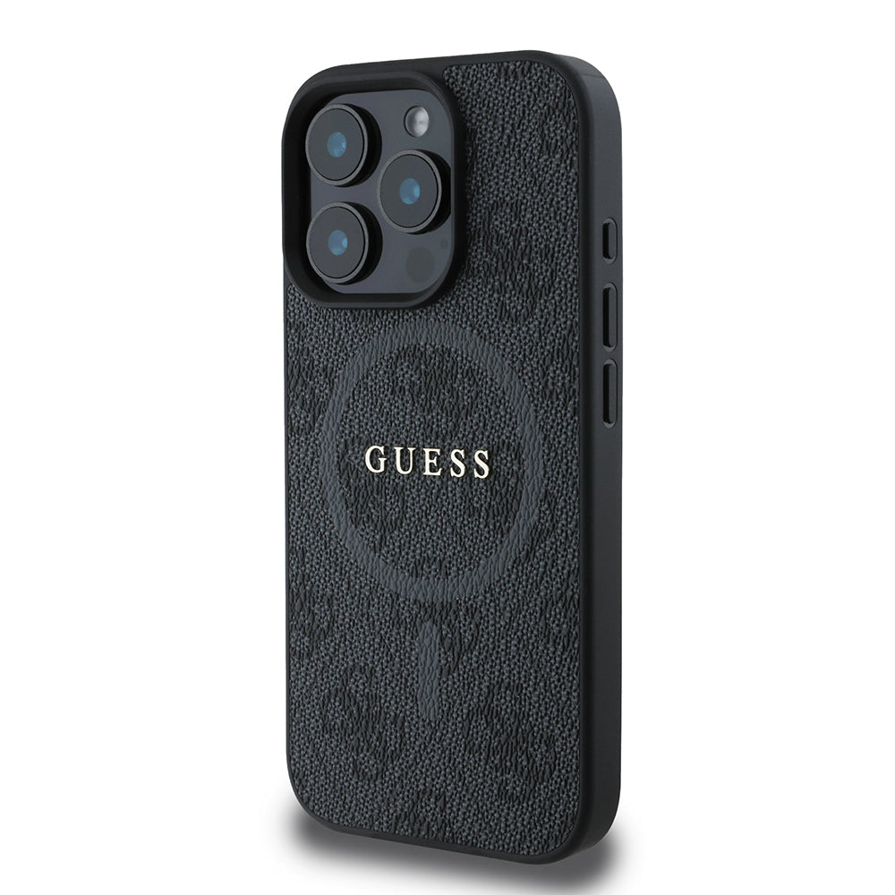 iPhone 16 Pro Max Kılıf Guess Orjinal Lisanslı M-safe Şarj Özellikli PU Halkalı 4G Desenli Yazı Logolu Kapak