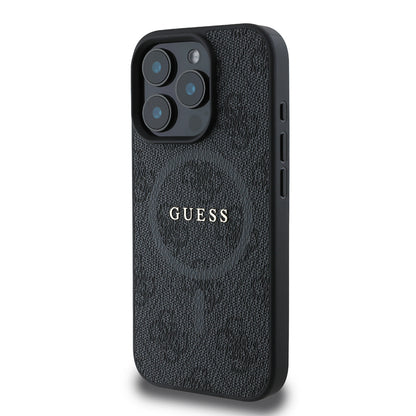 iPhone 16 Pro Max Kılıf Guess Orjinal Lisanslı M-safe Şarj Özellikli PU Halkalı 4G Desenli Yazı Logolu Kapak
