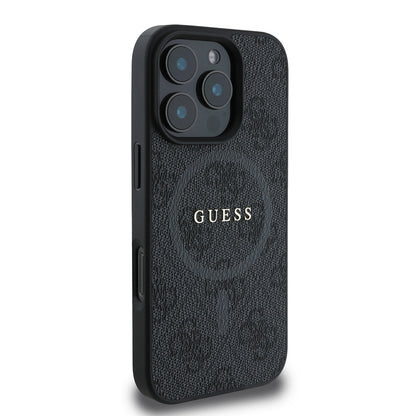 iPhone 16 Pro Max Kılıf Guess Orjinal Lisanslı M-safe Şarj Özellikli PU Halkalı 4G Desenli Yazı Logolu Kapak