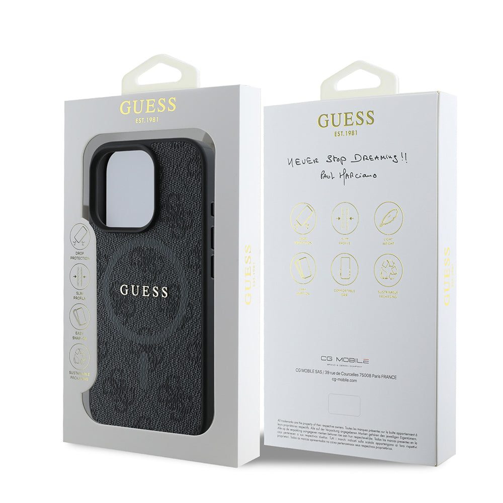 iPhone 16 Pro Max Kılıf Guess Orjinal Lisanslı M-safe Şarj Özellikli PU Halkalı 4G Desenli Yazı Logolu Kapak
