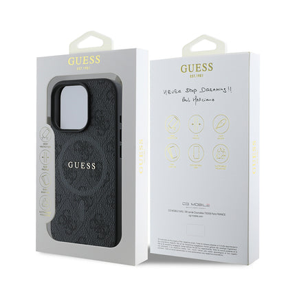 iPhone 16 Pro Max Kılıf Guess Orjinal Lisanslı M-safe Şarj Özellikli PU Halkalı 4G Desenli Yazı Logolu Kapak